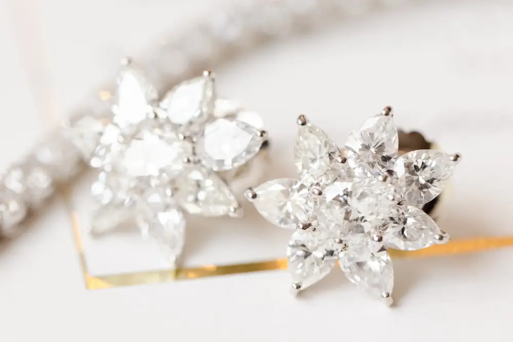Bride and groom at their wedding wearing rented diamond jewelry